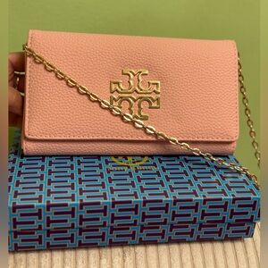 Tory Burch Pink Leather Clutch with Gold Chain
